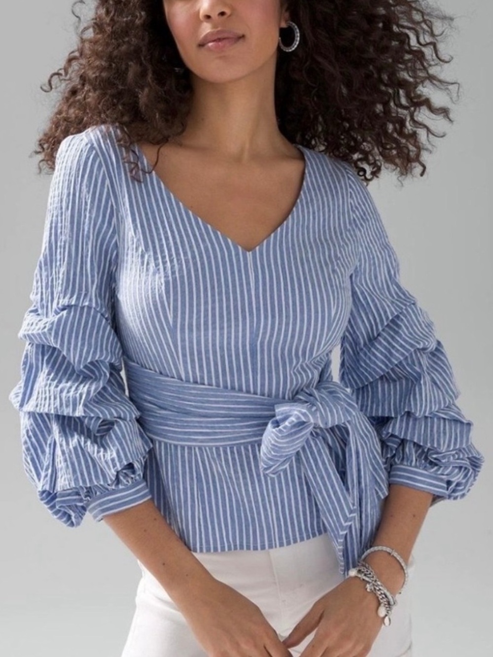 White House Black Market WHBM Blue White Striped Ruffle Sleeve Top Blouse Shirt